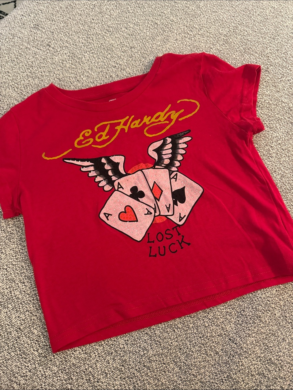 Ed Hardy Red Graphic Tee with Winged Cards